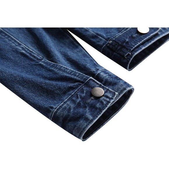 Men's Jean Jacket Distressed Slim Denim Jacket Long Sleeve Button Down Dark Blue - Picture 9 of 9